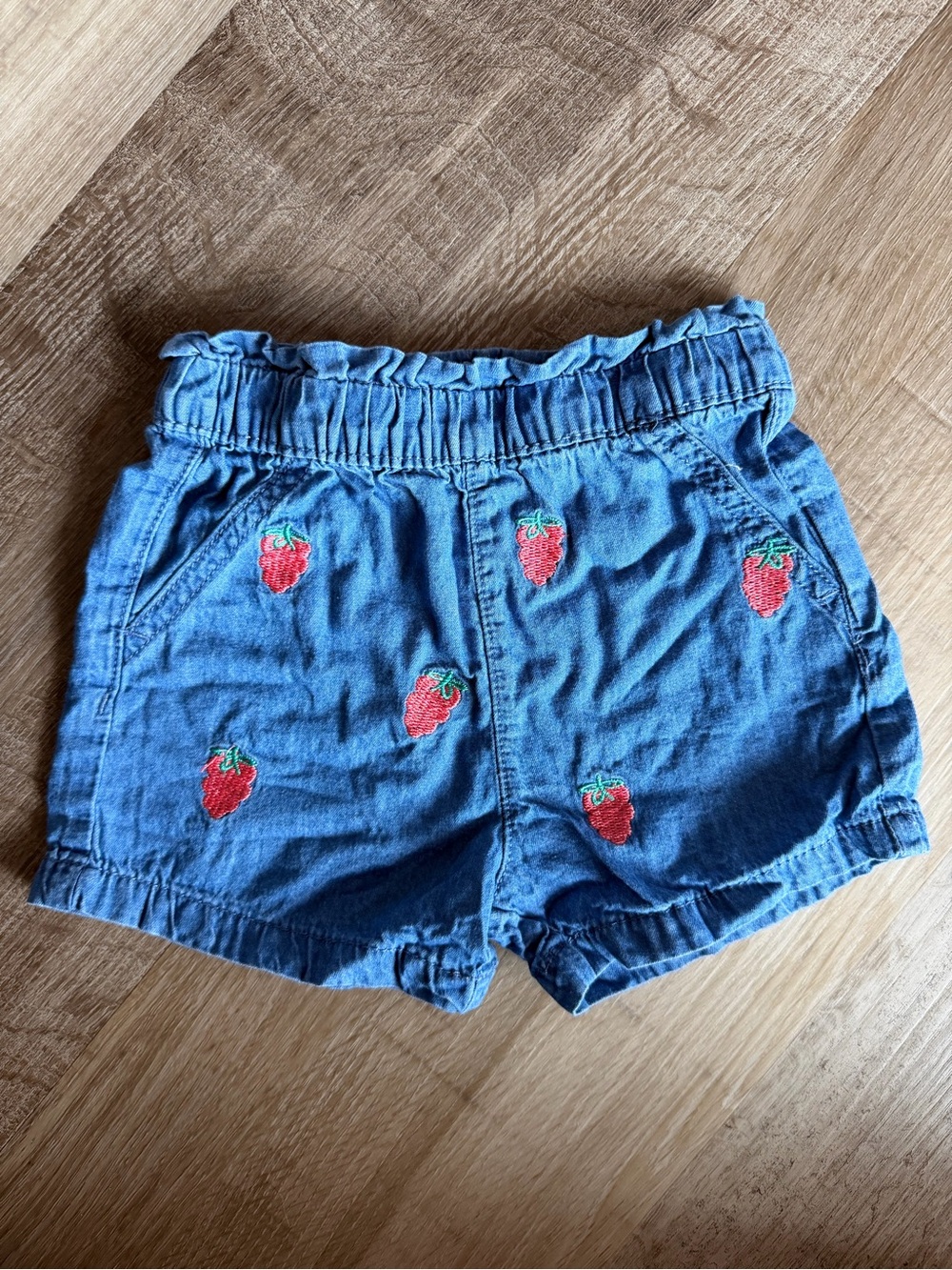 Denim Girls' Shorts with Red Strawberry Embroidery